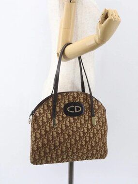 Christian Dior Trotter Canvas Tote Bag Beige Gold Auth 158084